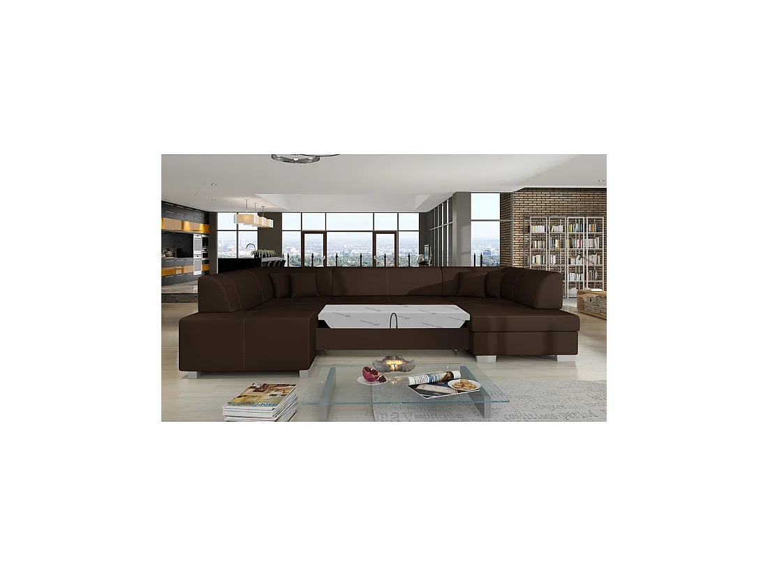 Canapé panoramique en U Chocolat convertible 6 places HAVANE ressorts ondulés