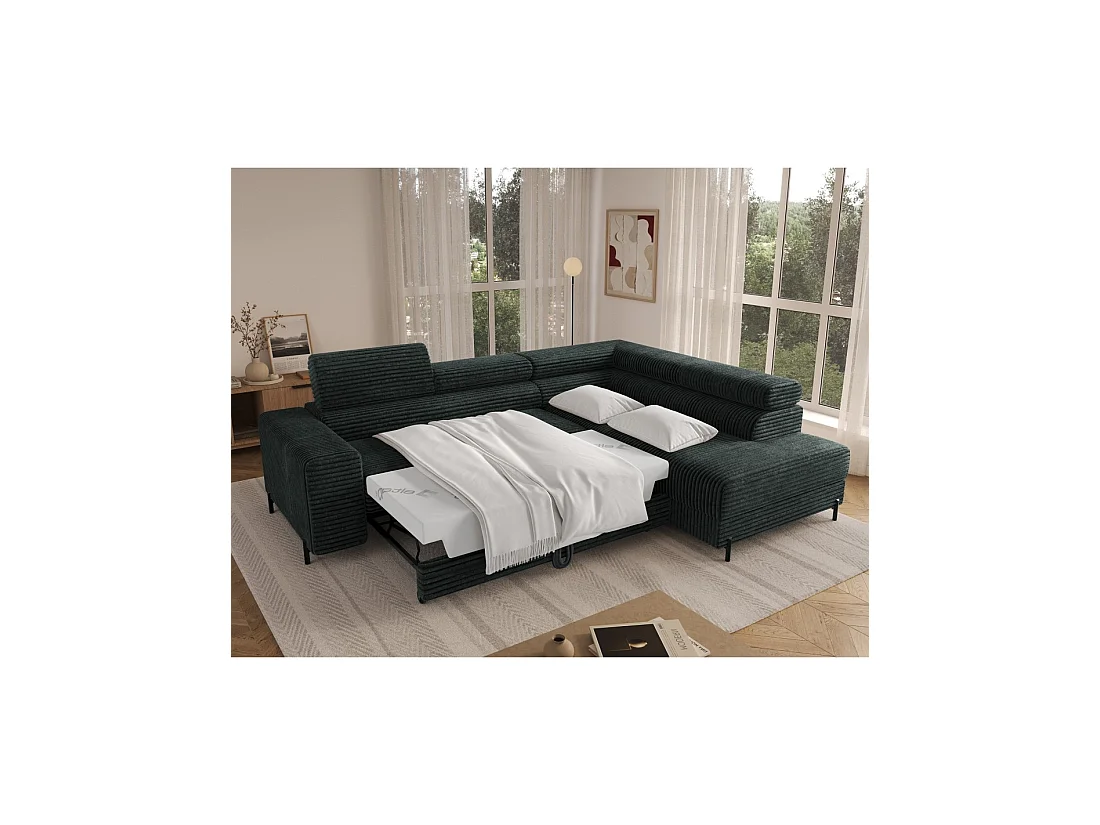 Canapé d'angle COLESIA convertible 5 places vert foncé velours côtelé – droit – 274x200cm