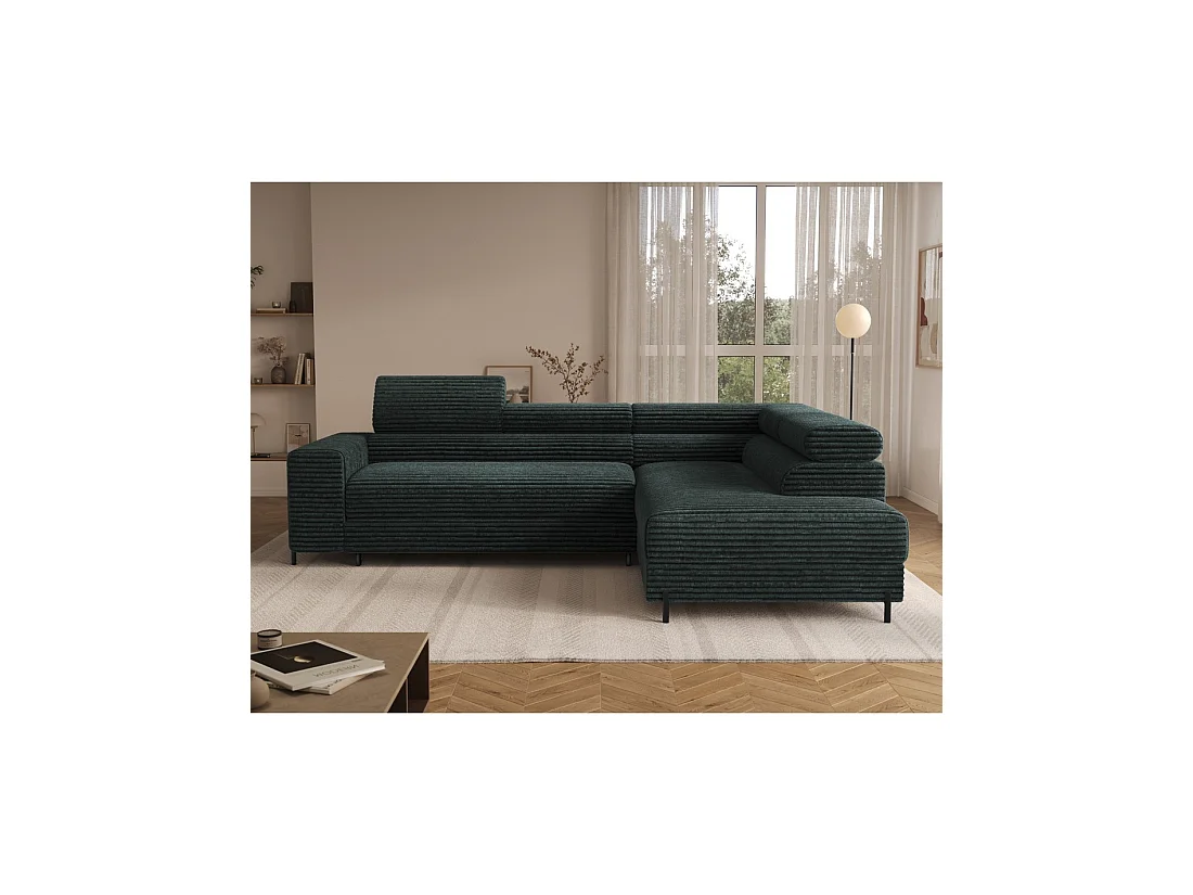 Canapé d'angle COLESIA convertible 5 places vert foncé velours côtelé – droit – 274x200cm