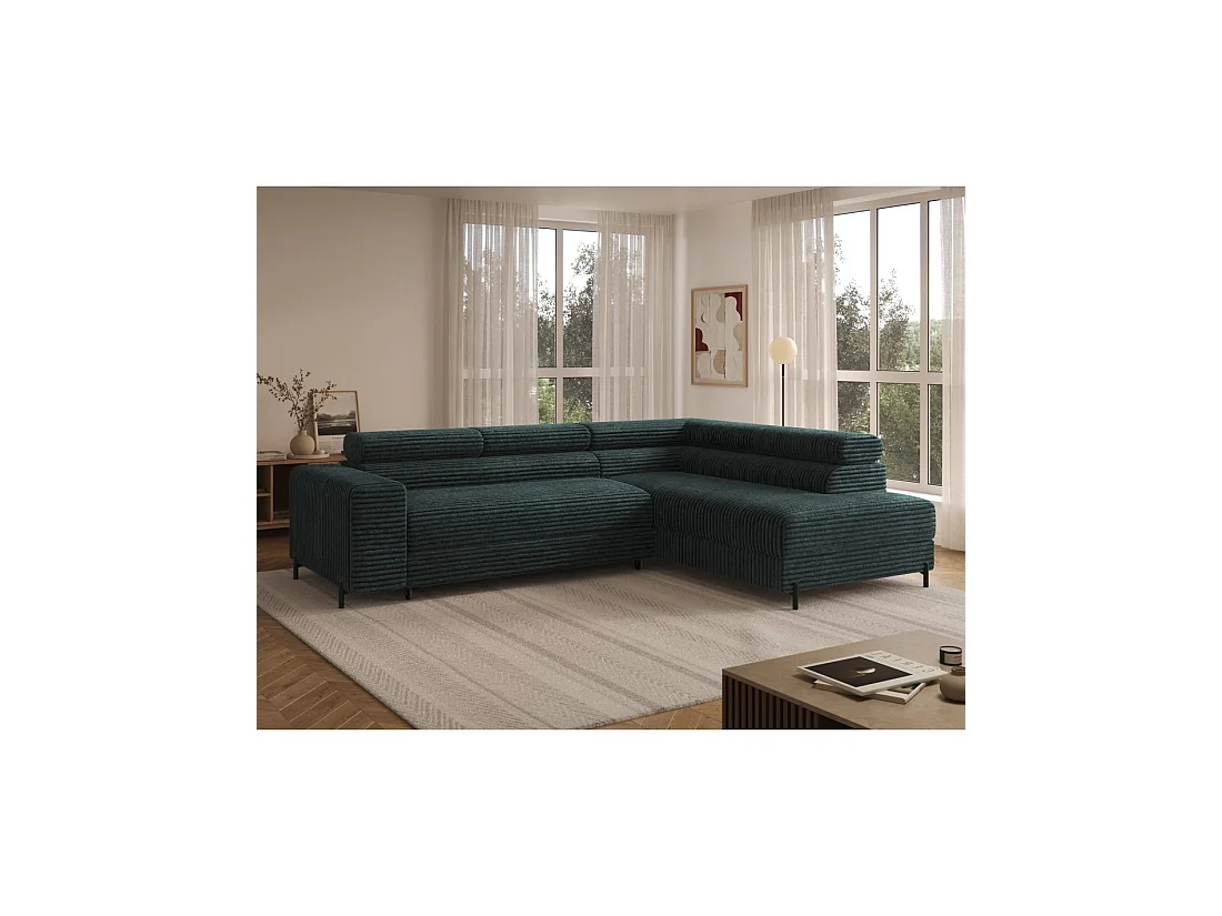 Canapé d'angle COLESIA convertible 5 places vert foncé velours côtelé – droit – 274x200cm