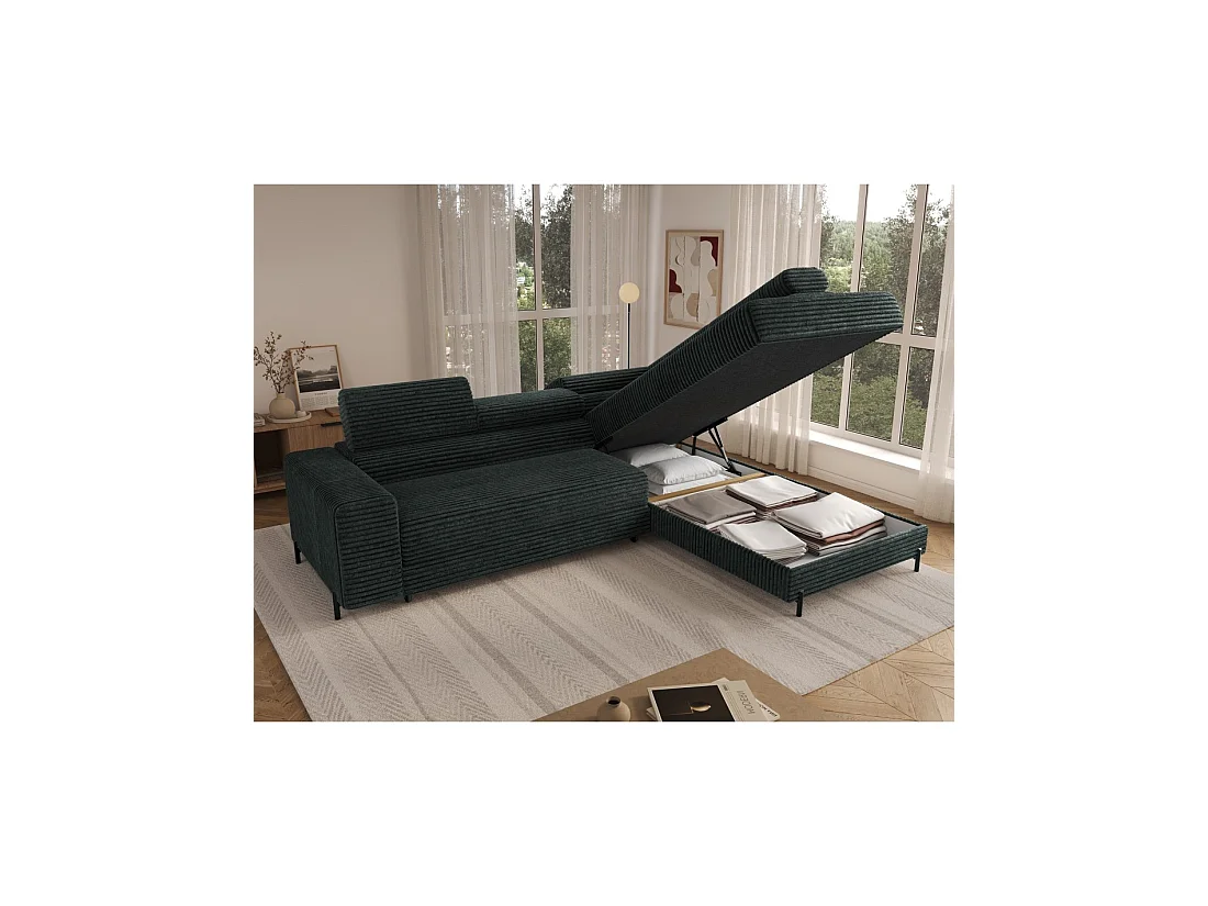 Canapé d'angle COLESIA convertible 5 places vert foncé velours côtelé – droit – 274x200cm