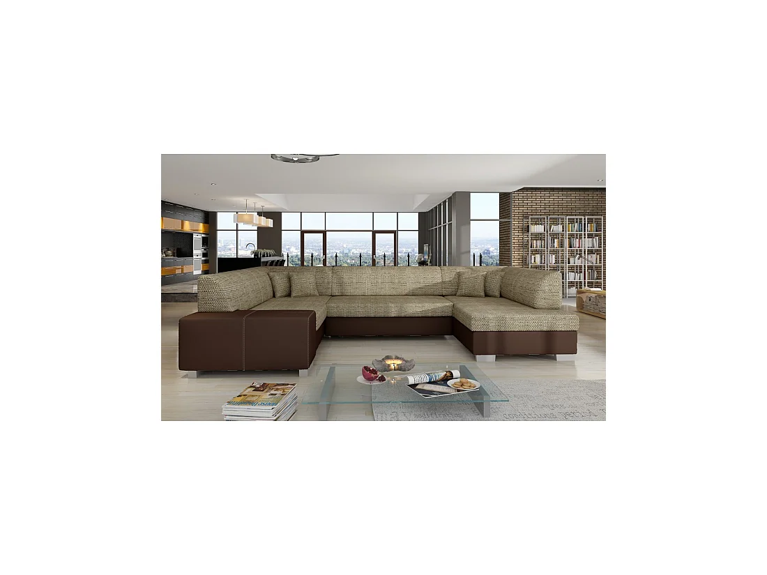 Canapé panoramique en U Beige et chocolat convertible 6 places HAVANE assise mousse T30