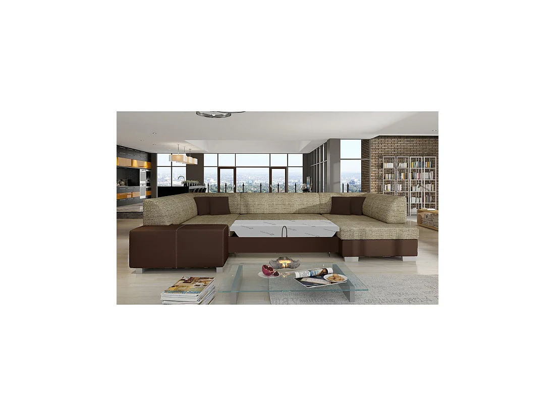 Canapé panoramique en U Beige et chocolat convertible 6 places HAVANE assise mousse T30