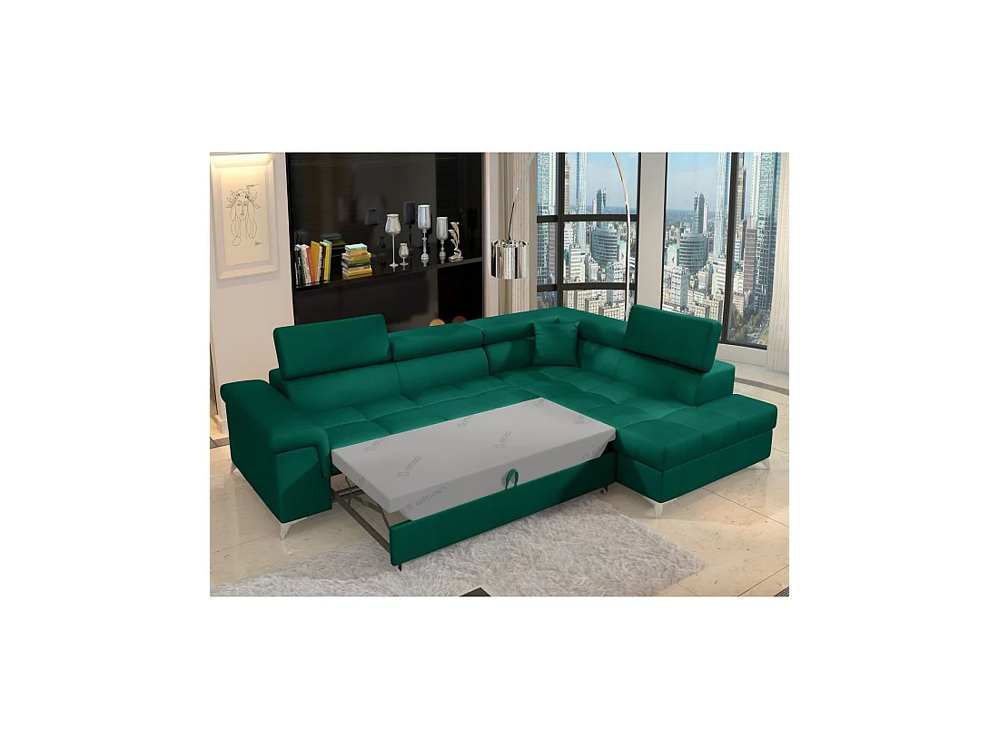 Canapé d'angle convertible PALAZZO 4 places vert foncé – angle droit avec 1 coussin