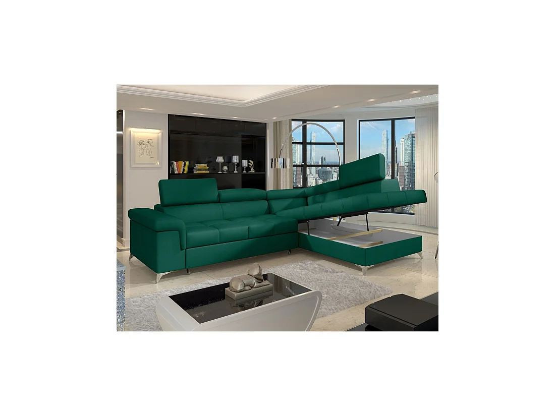 Canapé d'angle convertible PALAZZO 4 places vert foncé – angle droit avec 1 coussin