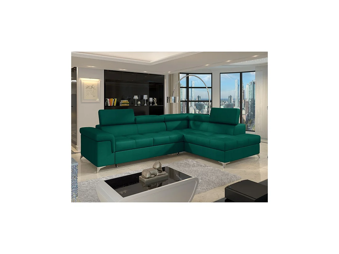 Canapé d'angle convertible PALAZZO 4 places vert foncé – angle droit avec 1 coussin