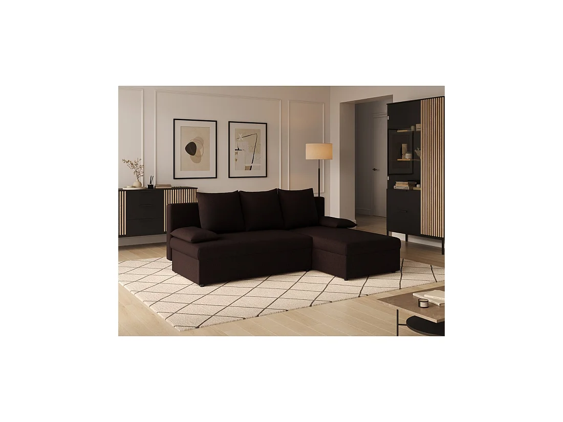 Canapé d'angle Marron foncé 3 places convertible avec rangement 206x90x146cm GINA