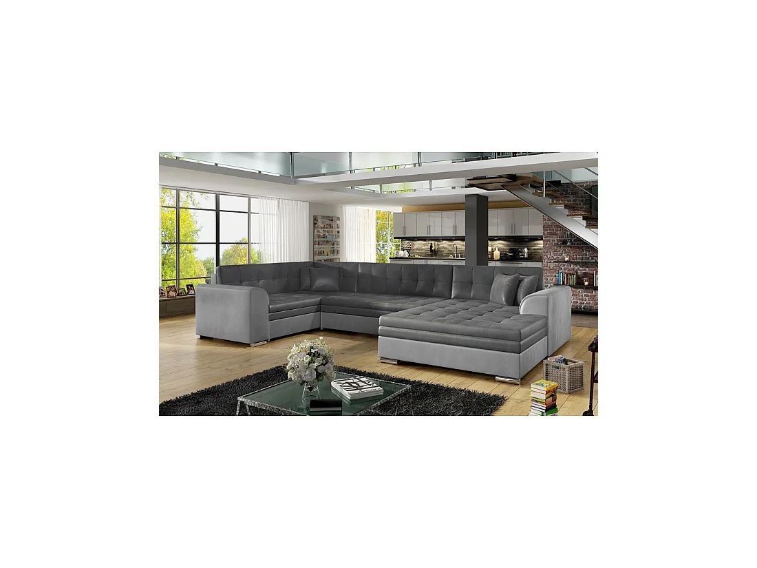 Sofá panorámico convertible CALDERO 5 plazas gris claro y oscuro - ángulo derecho - 4 cojines
