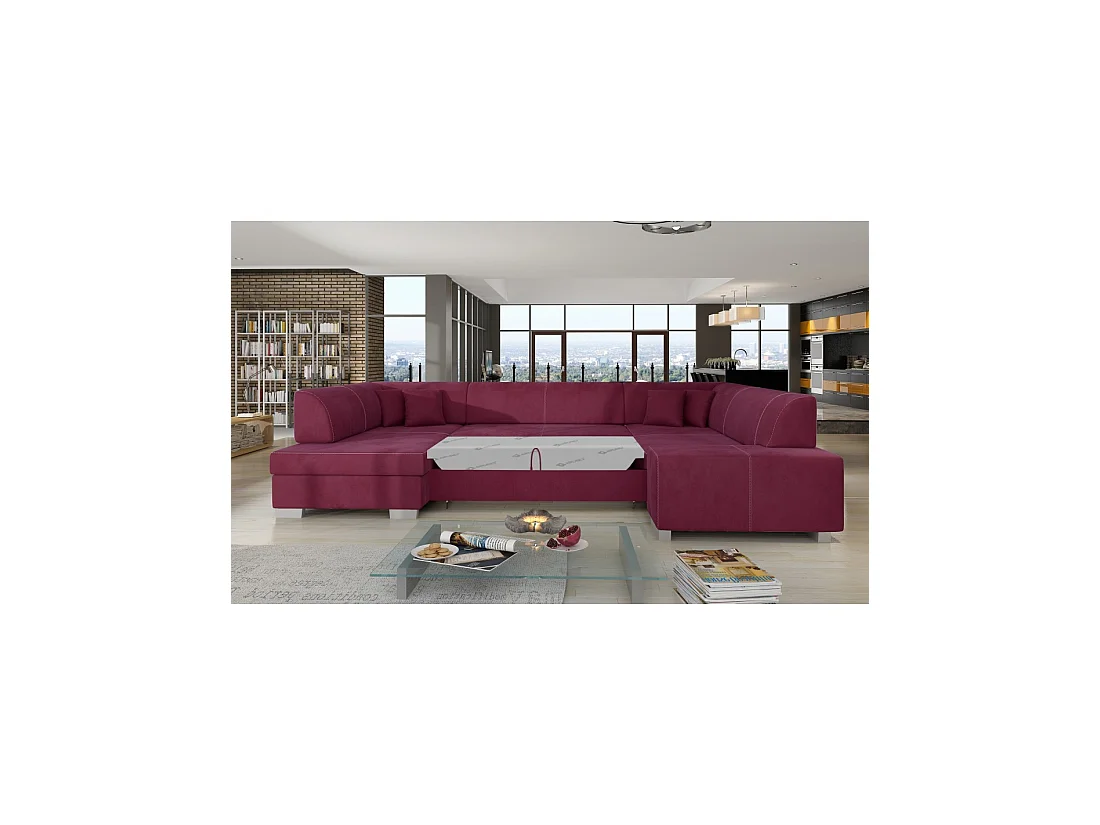 Canapé panoramique en U Rose foncé convertible 6 places HAVANE avec coffre à literie