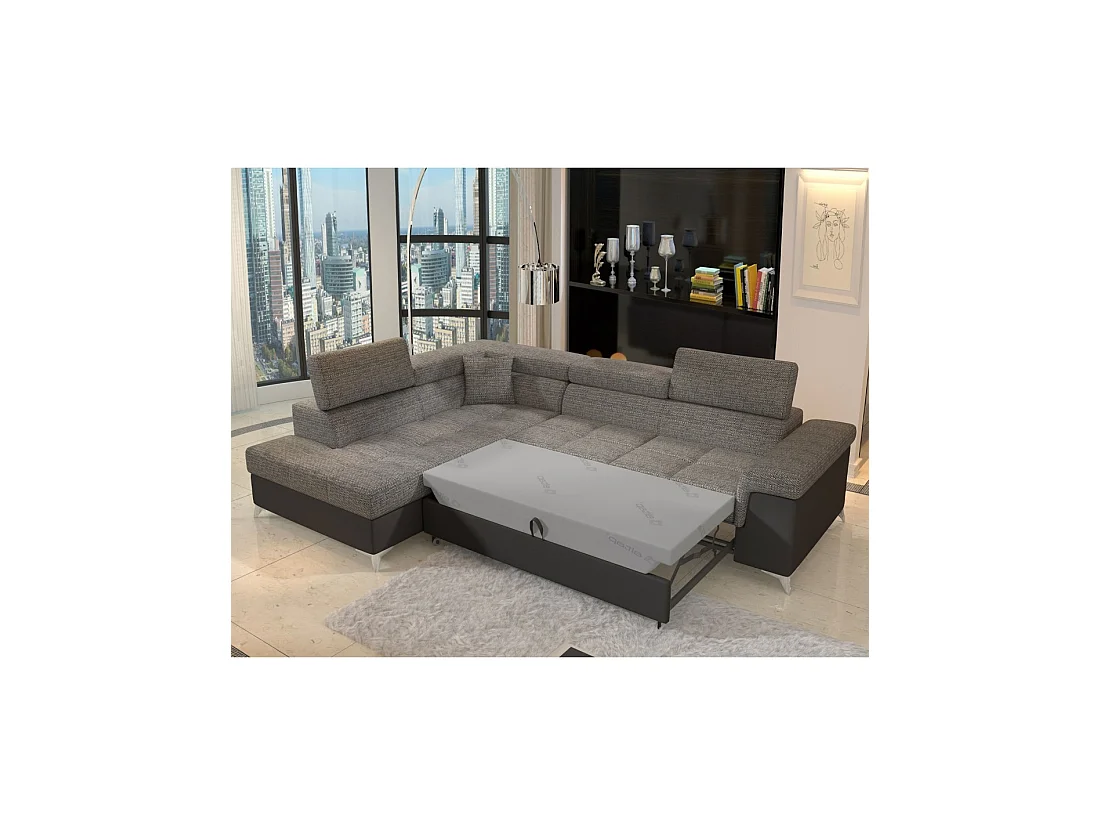 Canapé d'angle convertible PALAZZO 4 places gris et noir – angle gauche avec 1 coussin