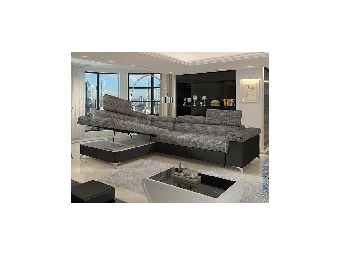 Canapé d'angle convertible PALAZZO 4 places gris et noir – angle gauche avec 1 coussin