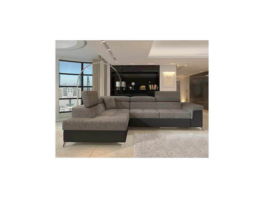 Canapé d'angle convertible PALAZZO 4 places gris et noir – angle gauche avec 1 coussin