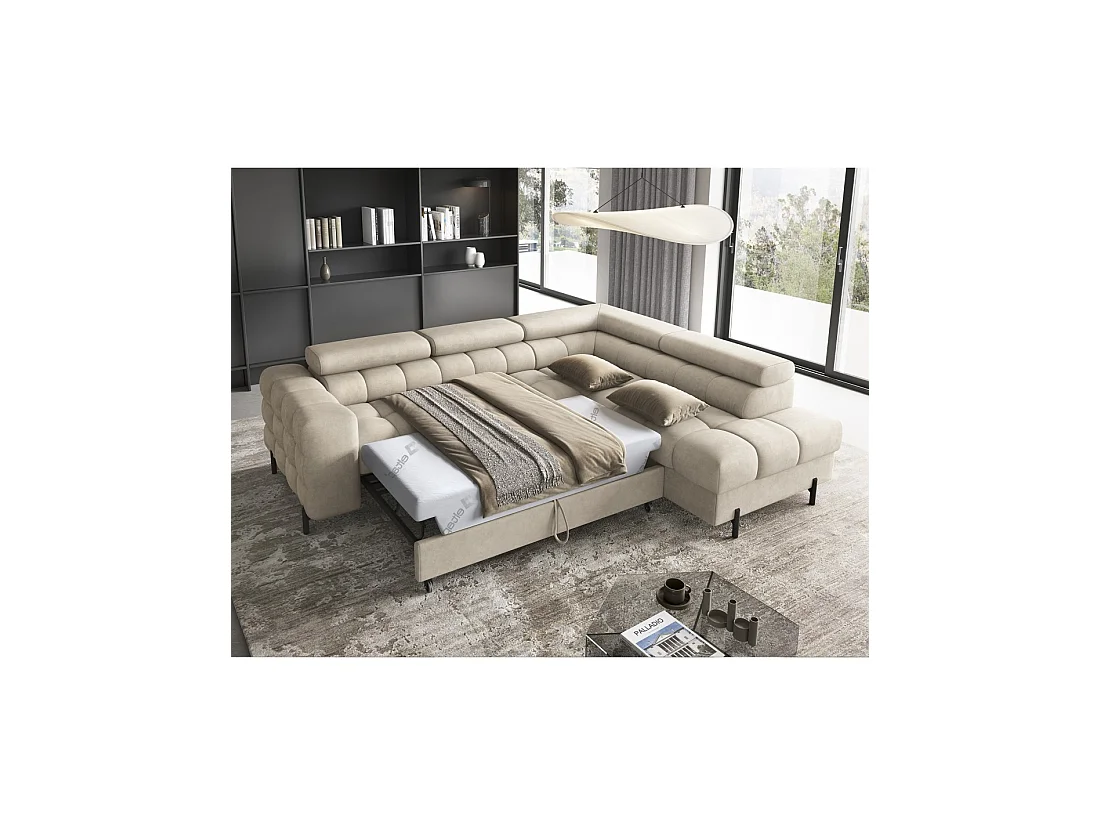 Hoekbank rechts converteerbaar Beige 5 zitplaatsen FERRUM met ingebouwde opslag 276x93x200cm
