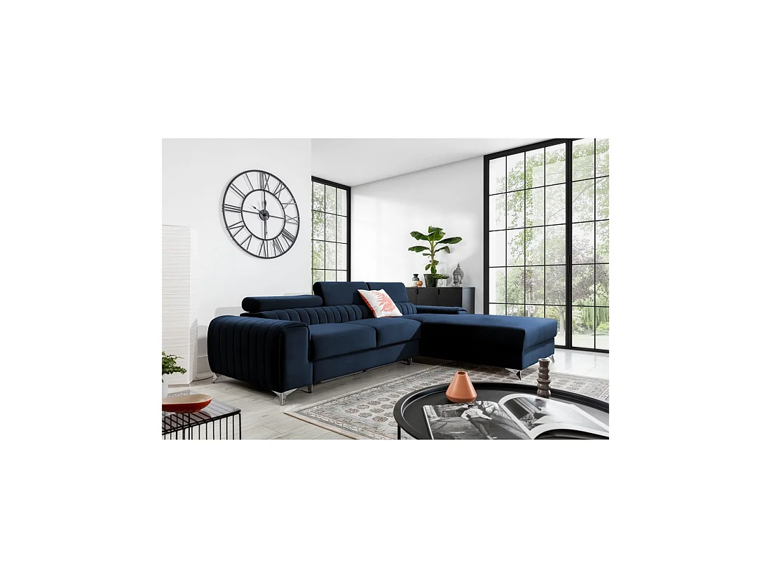 Hoekbank rechts Donkerblauw converteerbaar 3-zits JAYSON met lange chaise longue