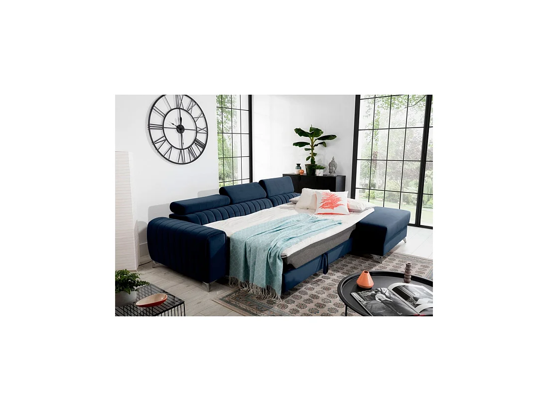 Hoekbank rechts Donkerblauw converteerbaar 3-zits JAYSON met lange chaise longue