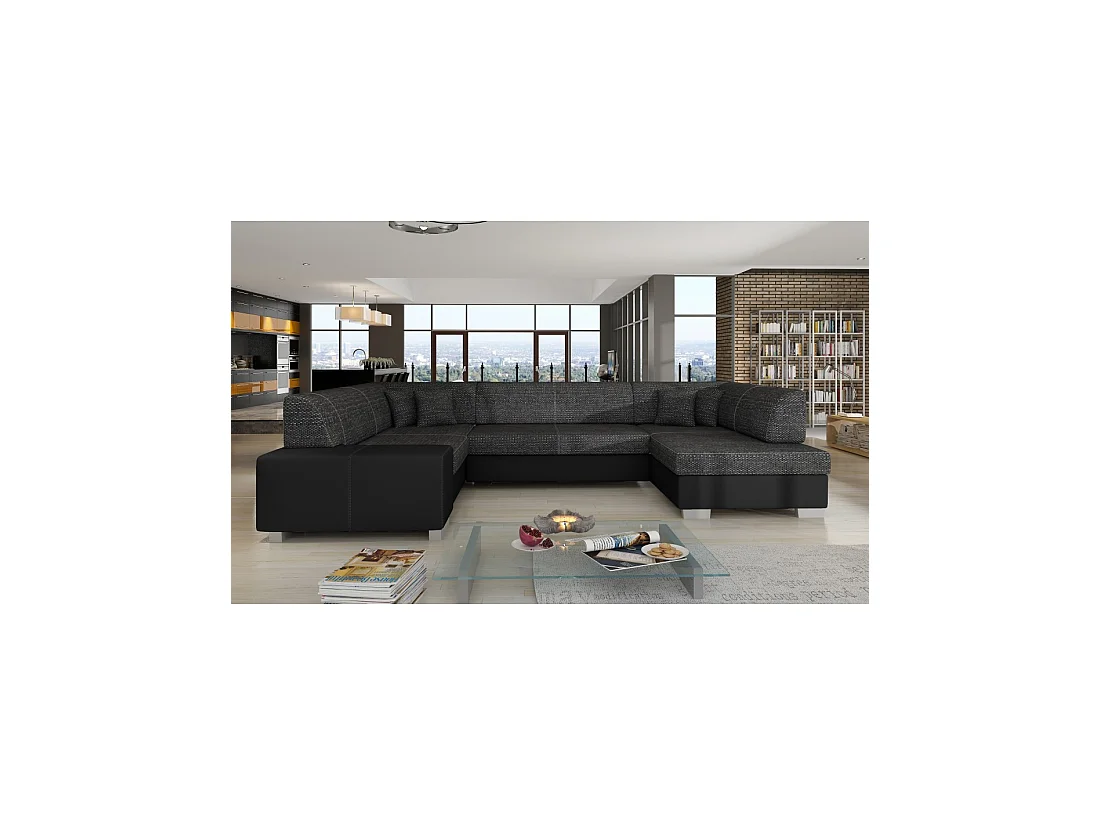 Canapé panoramique en U Gris foncé & Noir convertible 6 places HAVANE avec 4 coussins