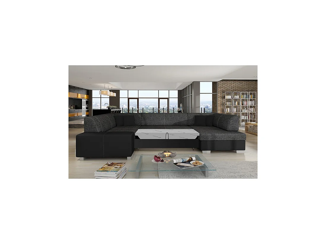 Canapé panoramique en U Gris foncé & Noir convertible 6 places HAVANE avec 4 coussins