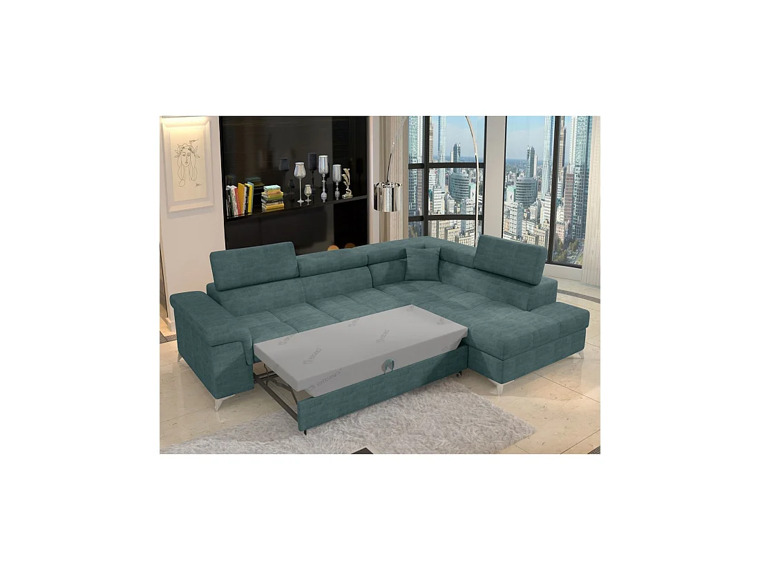 Sofá de esquina convertible PALAZZO 4 plazas verde azul – ángulo derecho con baúl