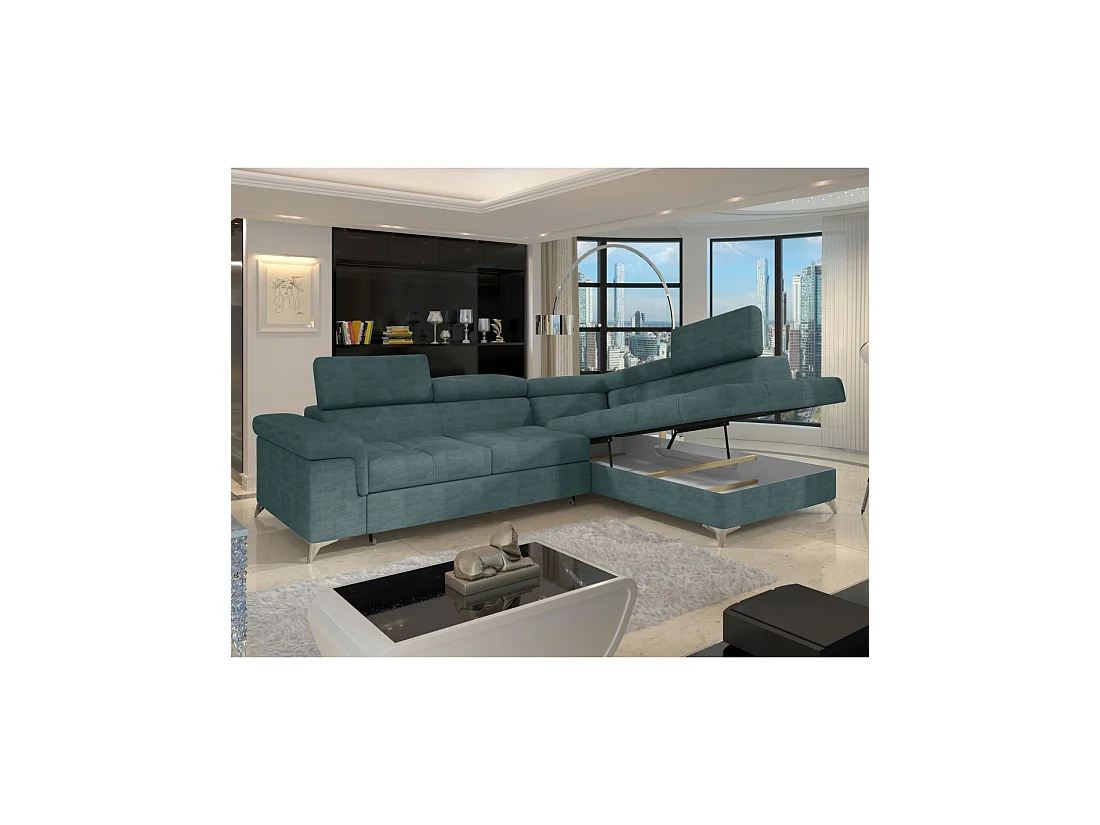 Sofá de esquina convertible PALAZZO 4 plazas verde azul – ángulo derecho con baúl