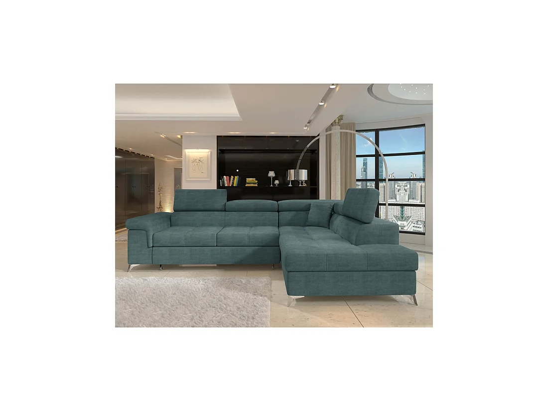 Sofá de esquina convertible PALAZZO 4 plazas verde azul – ángulo derecho con baúl