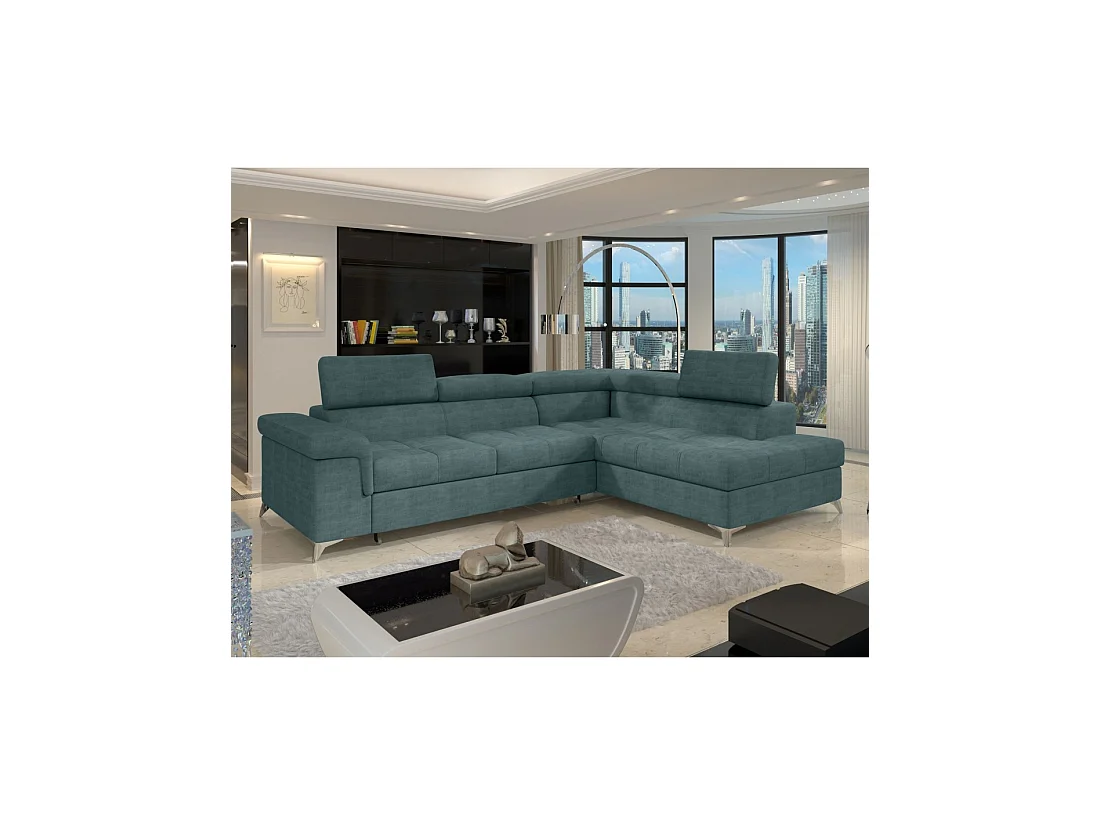 Sofá de esquina convertible PALAZZO 4 plazas verde azul – ángulo derecho con baúl