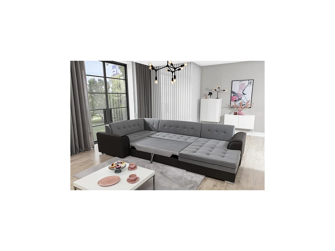 Canapé panoramique convertible CALDERO 5 places gris clair et blanc – angle droit