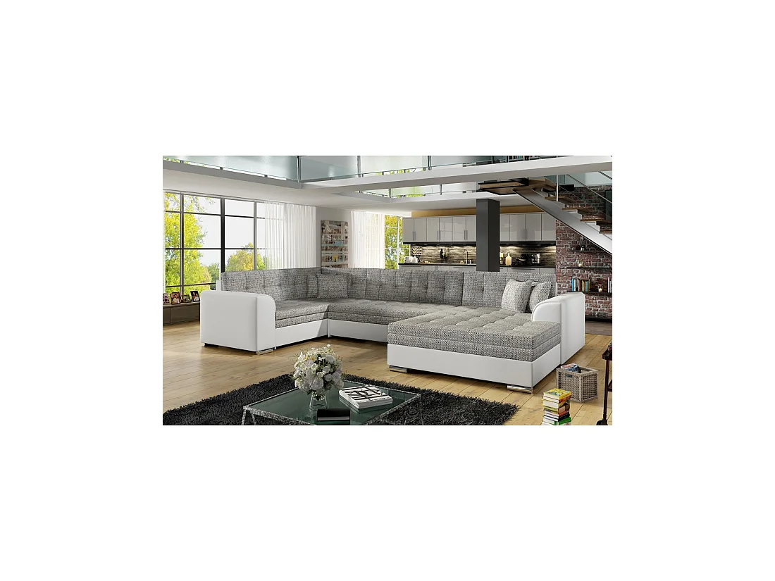 Canapé panoramique convertible CALDERO 5 places gris clair et blanc – angle droit