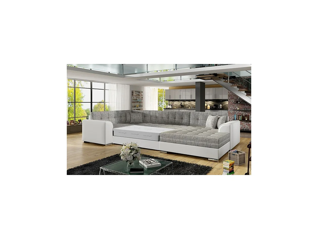 Canapé panoramique convertible CALDERO 5 places gris clair et blanc – angle droit