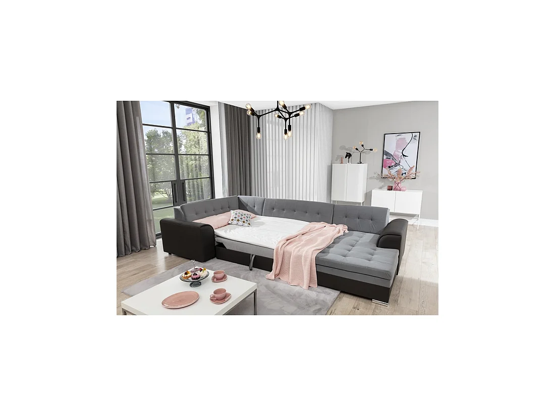 Canapé panoramique convertible CALDERO 5 places gris clair et blanc – angle droit