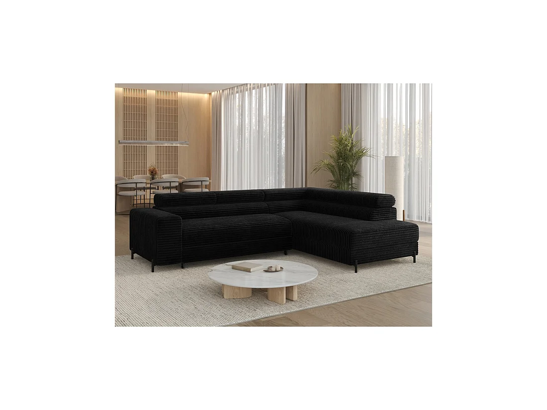Canapé d'angle COLESIA convertible 5 places noir velours côtelé – droit – 274x200cm