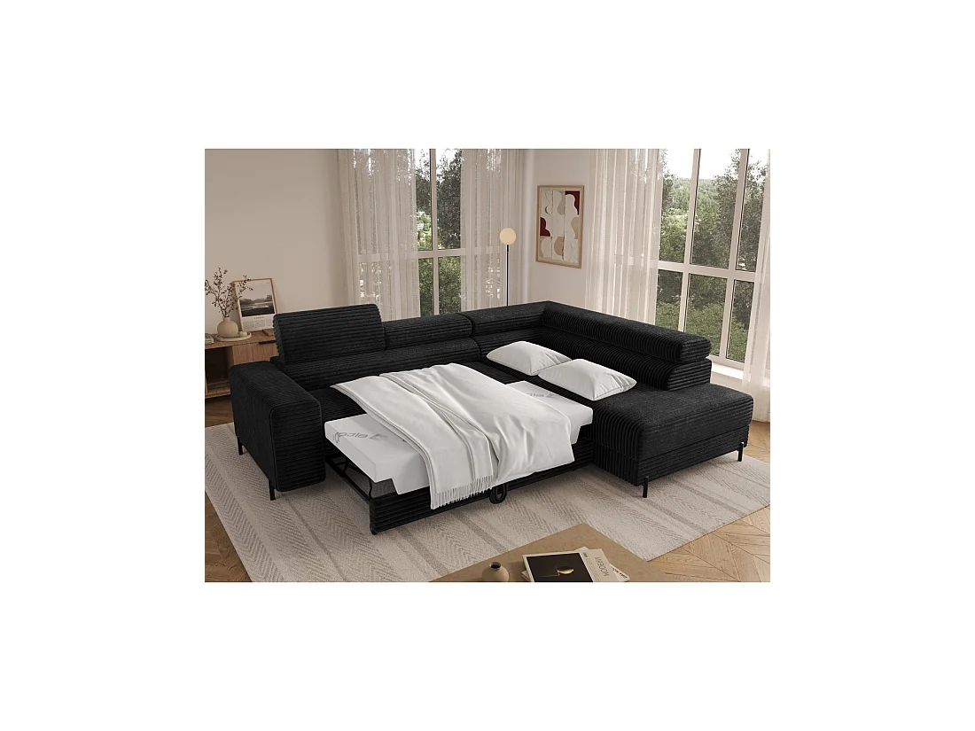 Canapé d'angle COLESIA convertible 5 places noir velours côtelé – droit – 274x200cm
