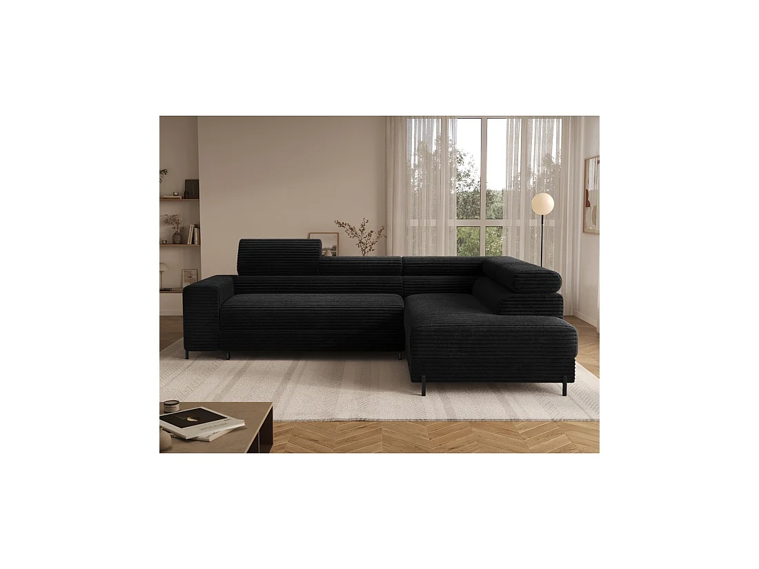 Canapé d'angle COLESIA convertible 5 places noir velours côtelé – droit – 274x200cm