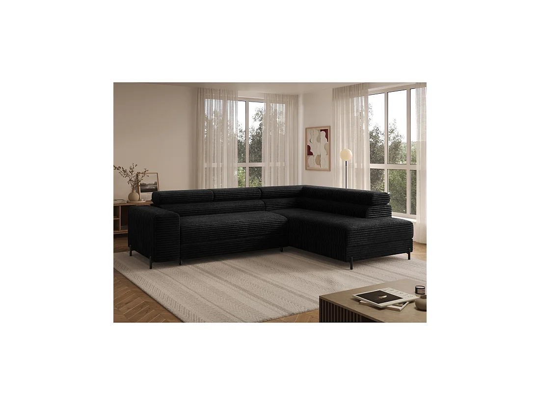 Canapé d'angle COLESIA convertible 5 places noir velours côtelé – droit – 274x200cm
