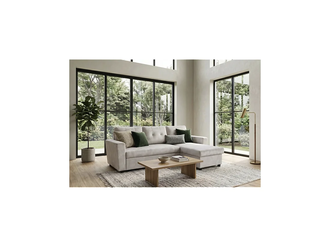 Canapé d'angle CALDERO convertible 3 places avec coffre – Beige champagne – 202 x 90 x 150 cm