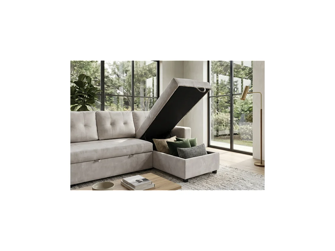 Canapé d'angle CALDERO convertible 3 places avec coffre – Beige champagne – 202 x 90 x 150 cm