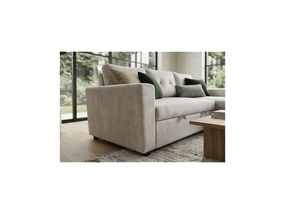 Canapé d'angle CALDERO convertible 3 places avec coffre – Beige champagne – 202 x 90 x 150 cm
