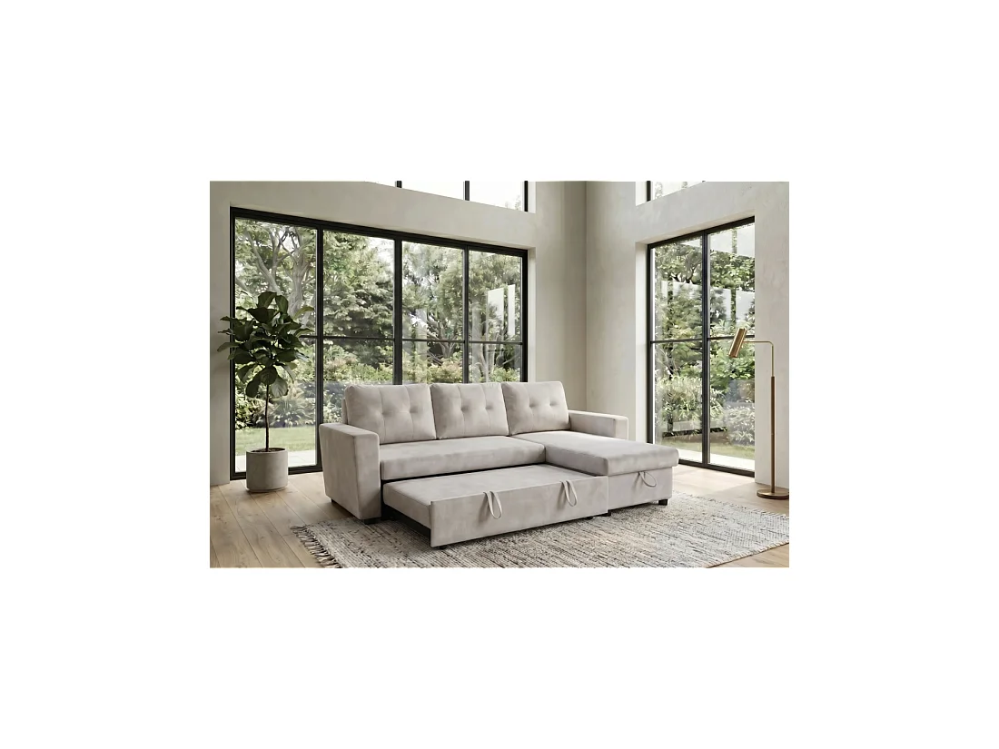 Canapé d'angle CALDERO convertible 3 places avec coffre – Beige champagne – 202 x 90 x 150 cm