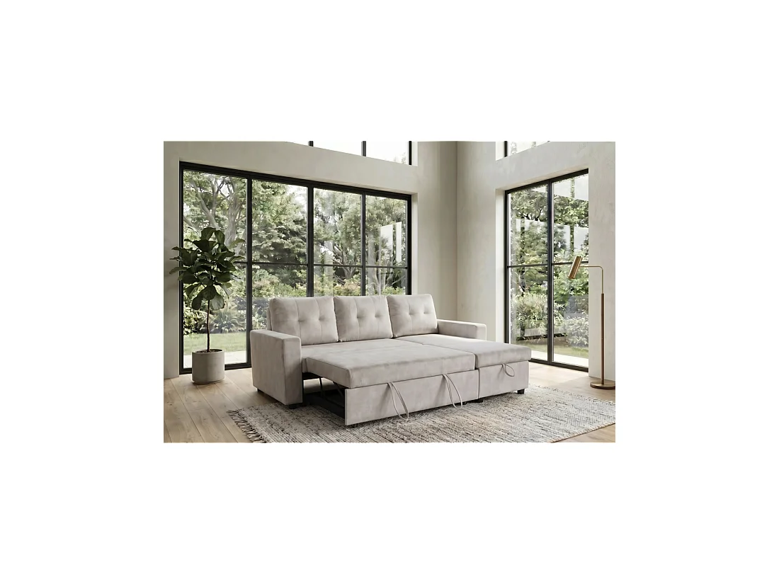 Canapé d'angle CALDERO convertible 3 places avec coffre – Beige champagne – 202 x 90 x 150 cm