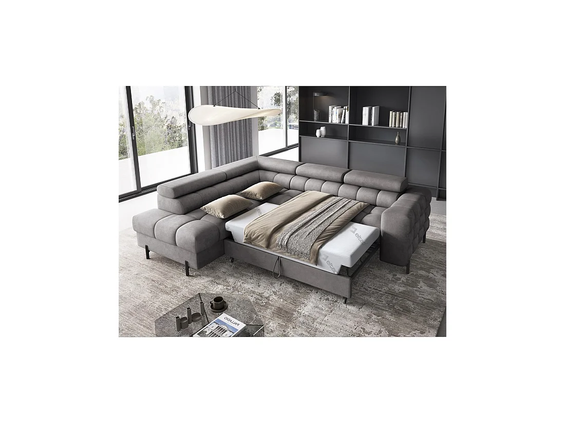 Canapé d'angle gauche FERRUM Gris avec coffre appuie-têtes réglables 276x93x200cm