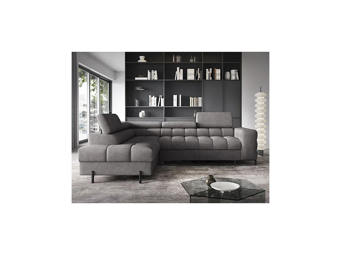 Canapé d'angle gauche FERRUM Gris avec coffre appuie-têtes réglables 276x93x200cm