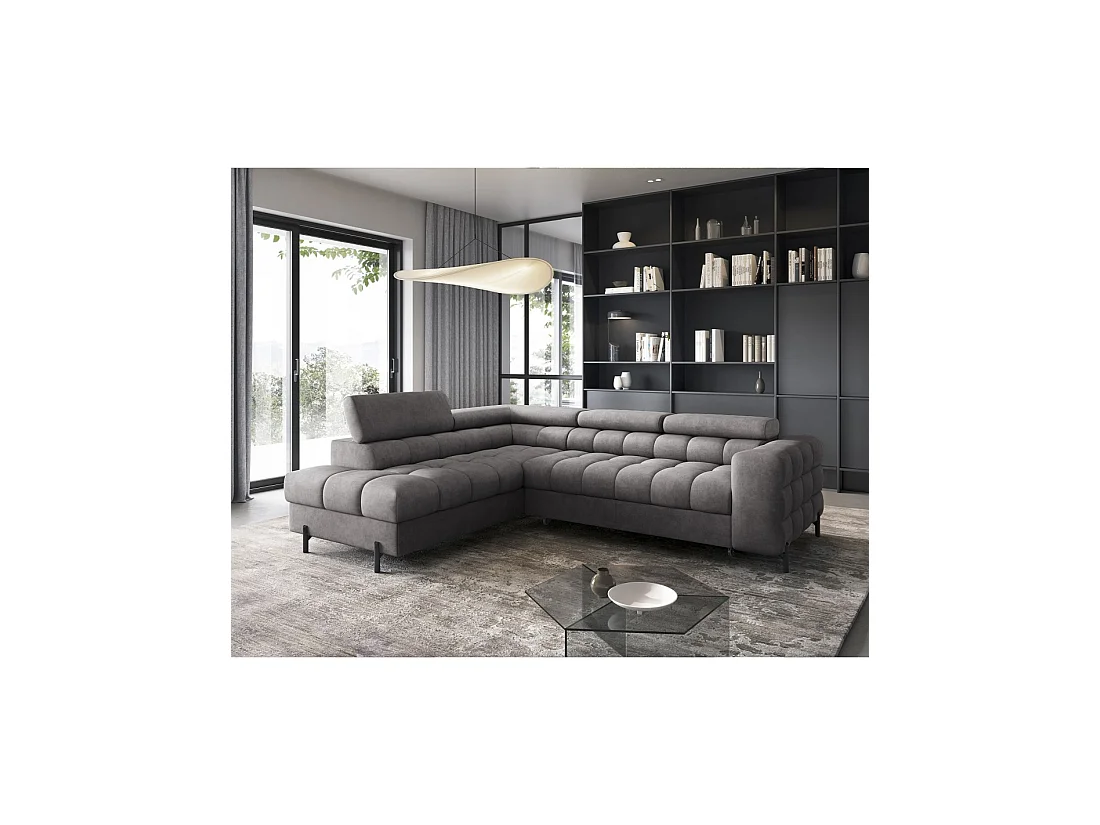 Canapé d'angle gauche FERRUM Gris avec coffre appuie-têtes réglables 276x93x200cm