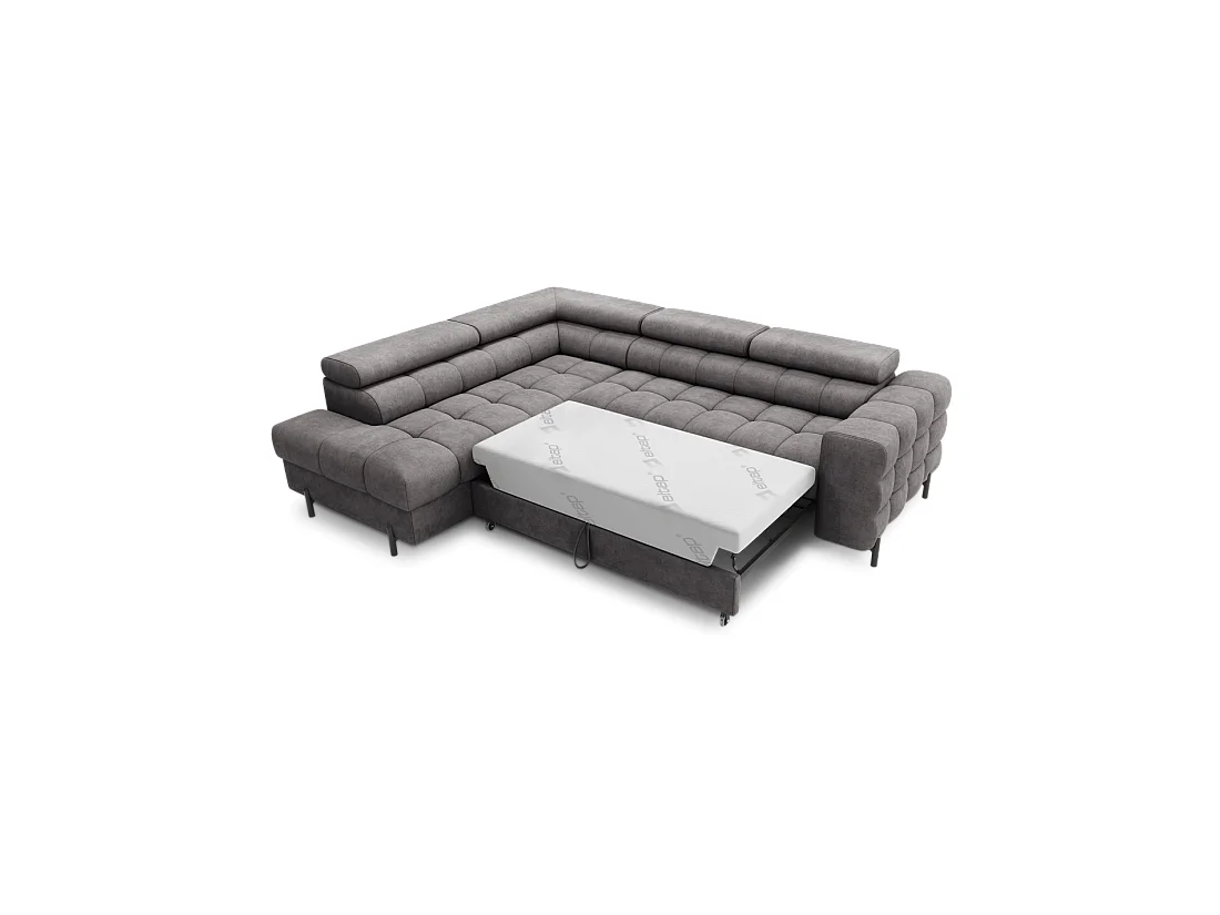 Canapé d'angle gauche FERRUM Gris avec coffre appuie-têtes réglables 276x93x200cm