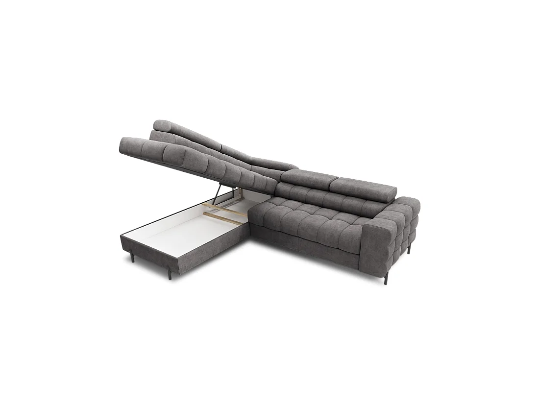 Canapé d'angle gauche FERRUM Gris avec coffre appuie-têtes réglables 276x93x200cm