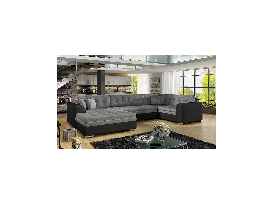 Sofá panorámico convertible CALDERO 5 plazas gris y negro – ángulo izquierdo – 4 cojines