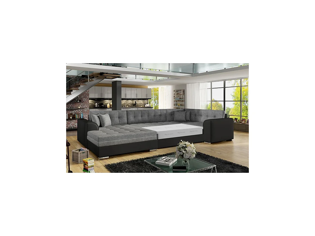 Sofá panorámico convertible CALDERO 5 plazas gris y negro – ángulo izquierdo – 4 cojines