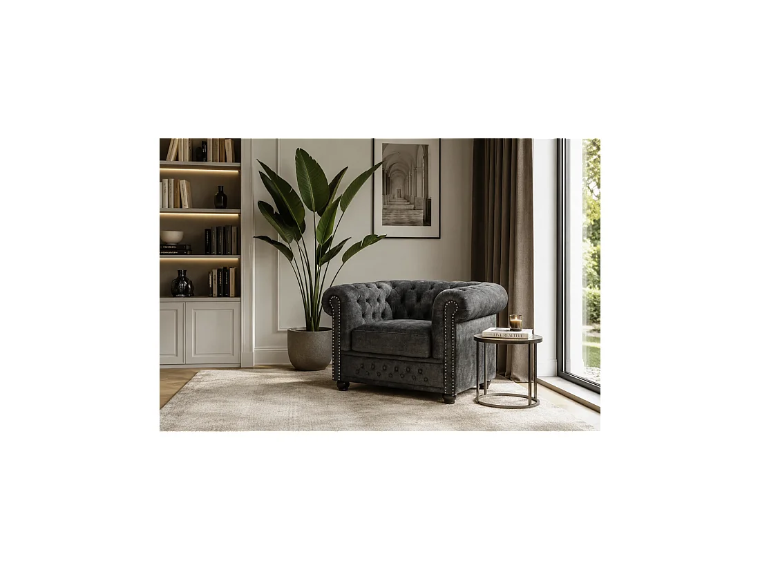 Sillón EDGAR Chesterfield en terciopelo capitoné – Gris claro – 109 x 72 x 86 cm