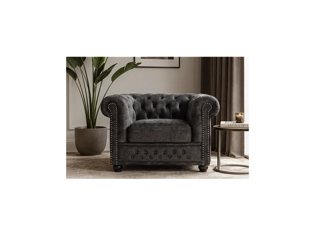 Sillón EDGAR Chesterfield en terciopelo capitoné – Gris claro – 109 x 72 x 86 cm