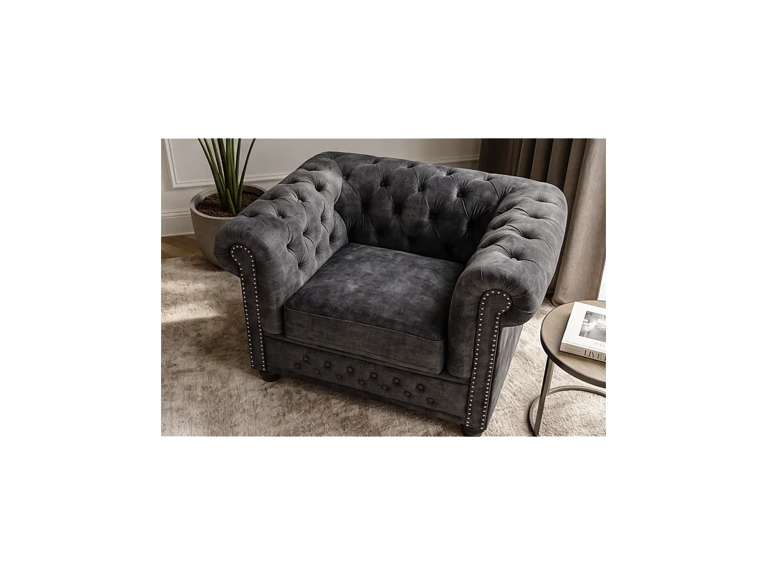 Sillón EDGAR Chesterfield en terciopelo capitoné – Gris claro – 109 x 72 x 86 cm