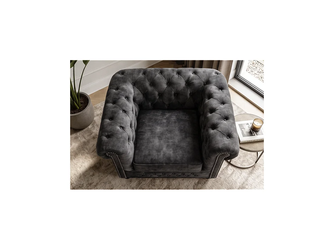Sillón EDGAR Chesterfield en terciopelo capitoné – Gris claro – 109 x 72 x 86 cm