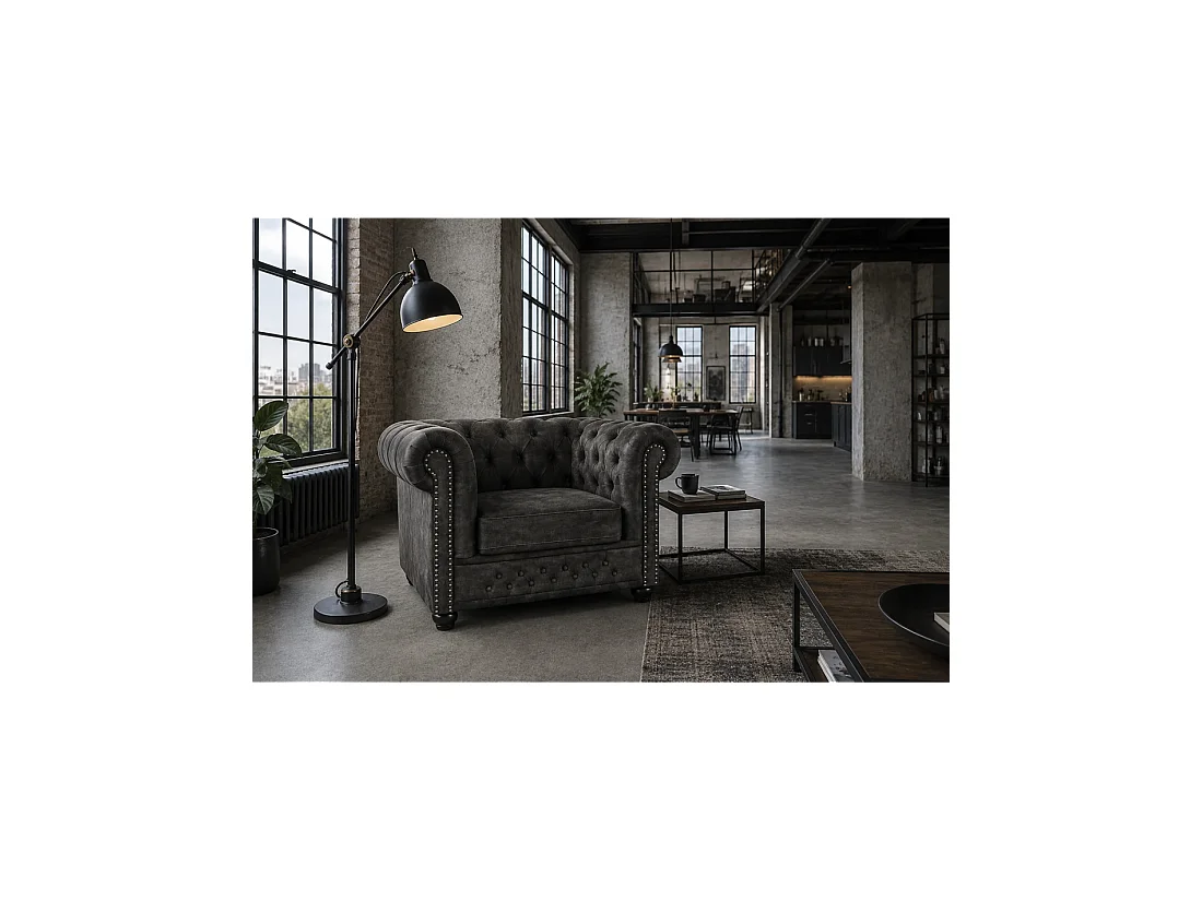 Sillón EDGAR Chesterfield en terciopelo capitoné – Gris claro – 109 x 72 x 86 cm